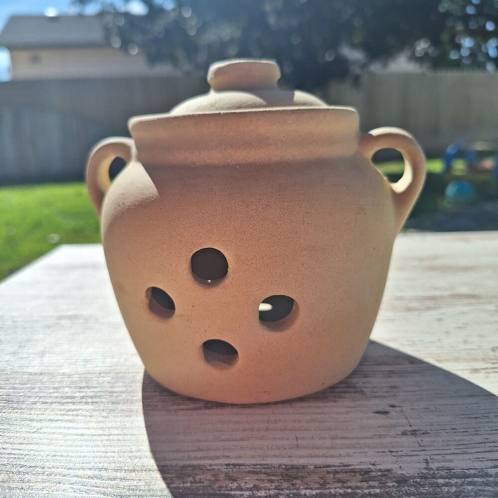 Vintage handmade pottery garlic crock keeper vintage handmade unglazed stoneware